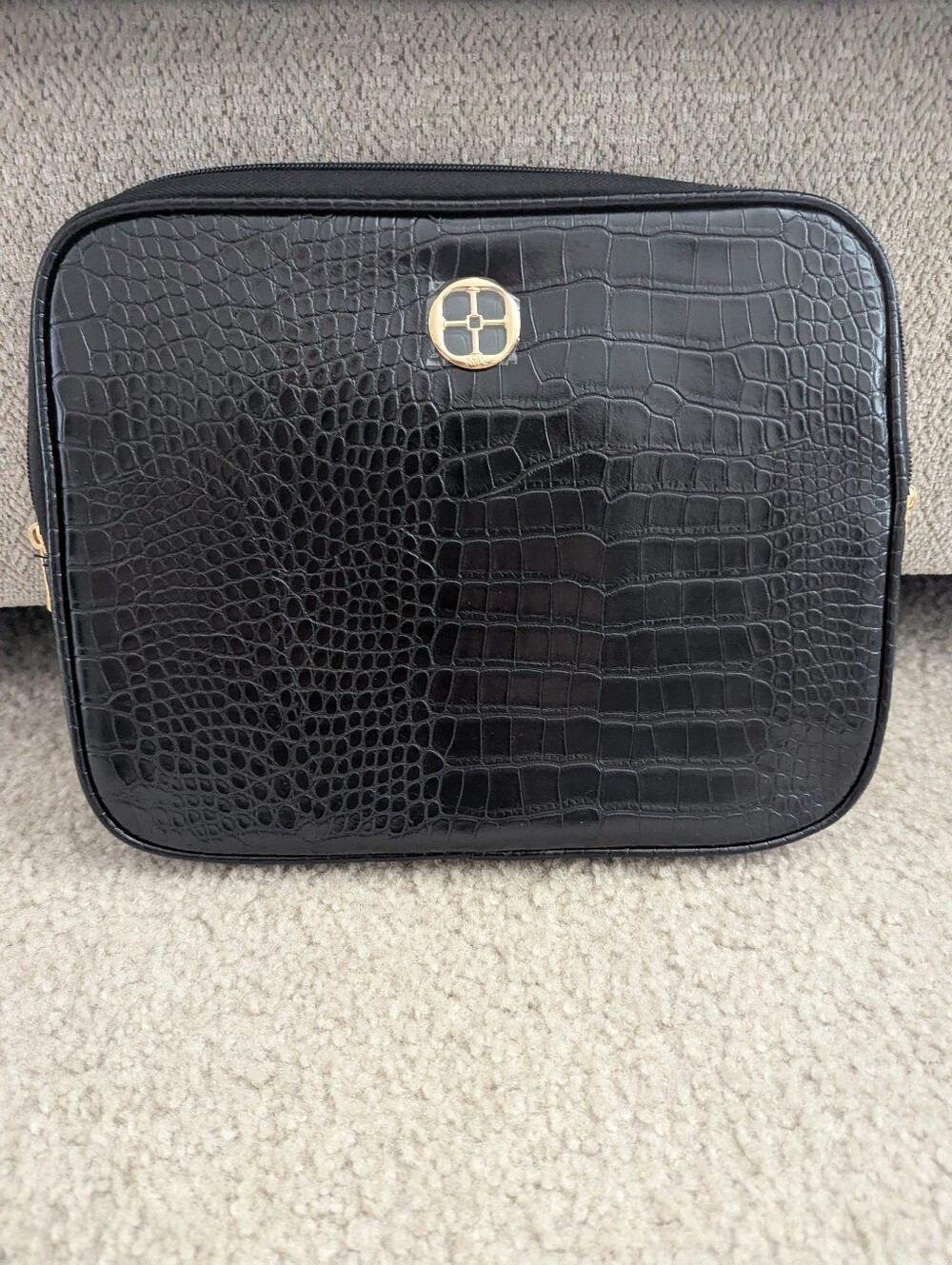 IMAN  Black Croc-Embossed Laptop Or iPad Case with Gold Logo. Fits 12' or Less.